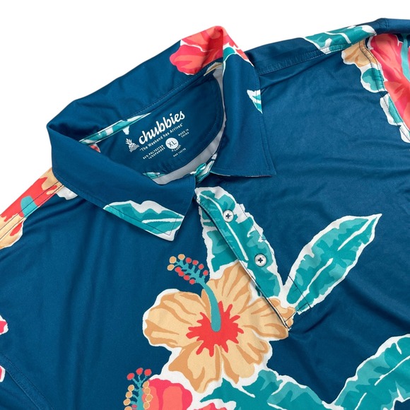 Chubbies The Weekend Has Arrived Polo Shirt Mens XL Blue Hibiscus Floral Stretch - Picture 1 of 10